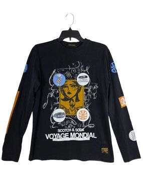 Scotch & Soda Black Long Sleeve Graphic Tee with Mustard Panel